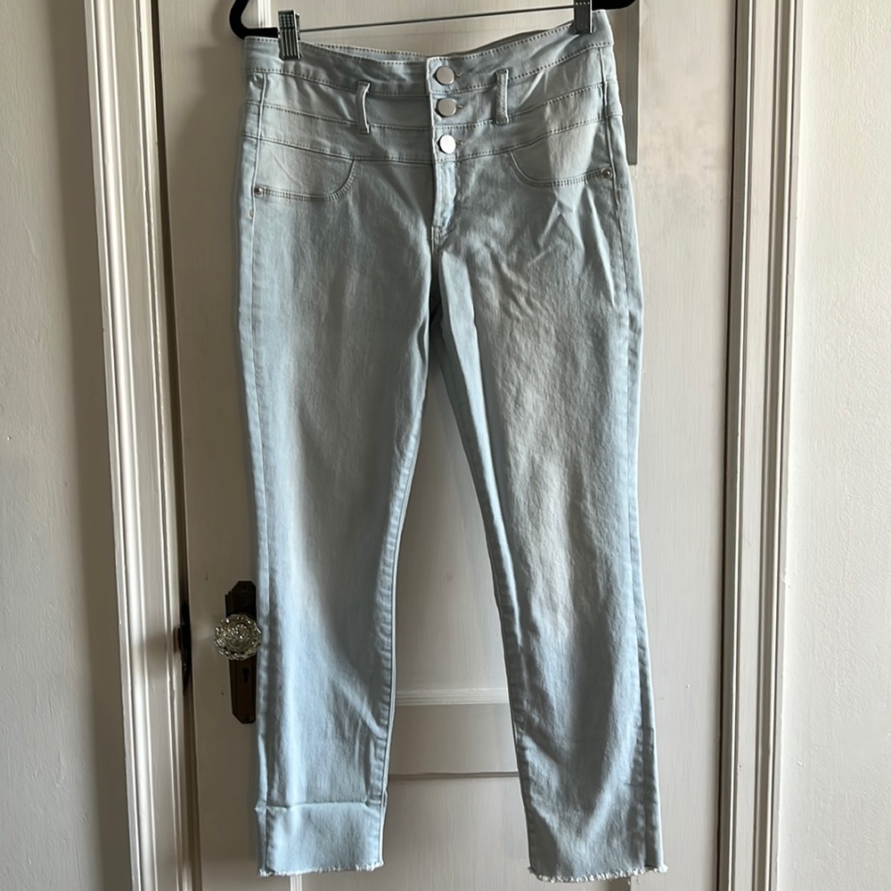 NOBO light wash midrise 1/2 button front jeans with raw hem